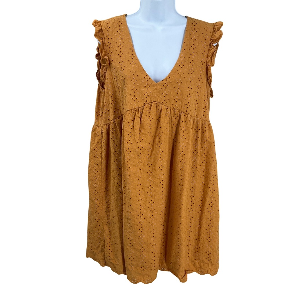 Knox Rose Dress Sz L Yellow Cotton Eyelet Lace‎ Ruffle Boho Babydoll Cottagecore